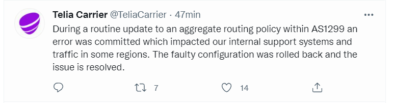 Telia outage Tweet explanation from Telia=